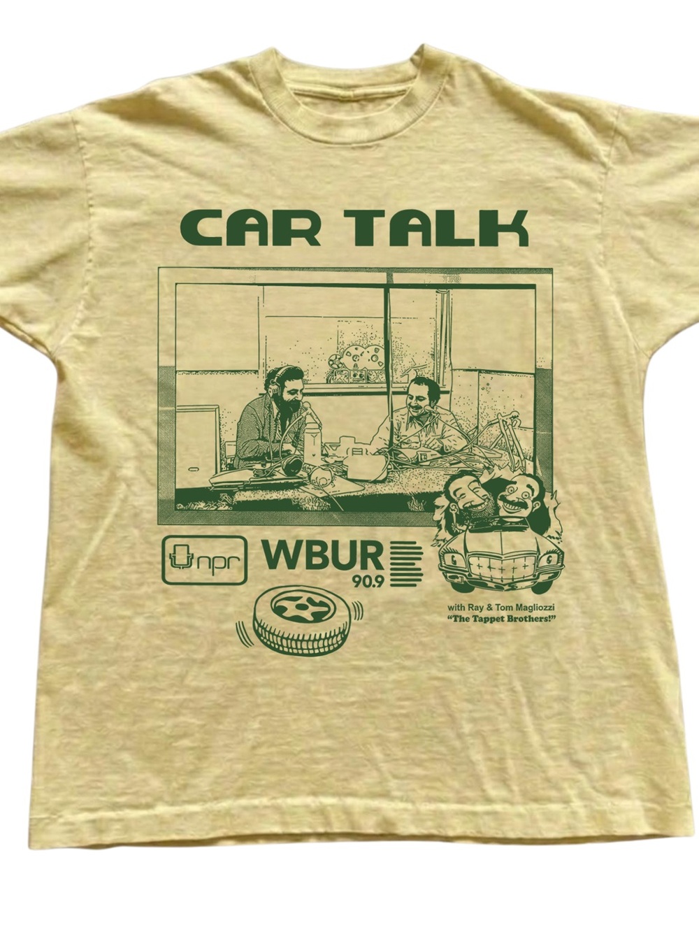 Gildan Yellow Tee with Green Car Talk Screenprint, Gift For Her, For Him